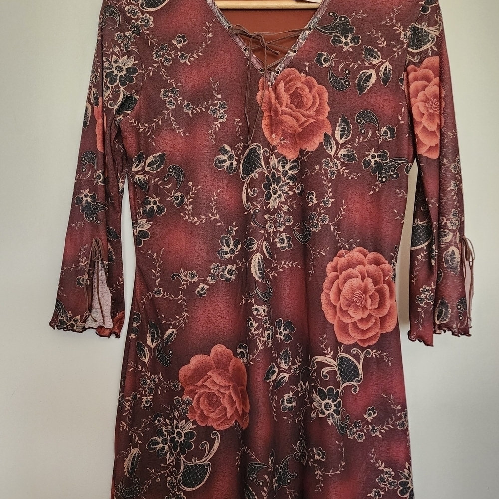 90s Expressions Burgundy Floral Lace-Up Asymmetrical Dress S - Picture 9 of 10